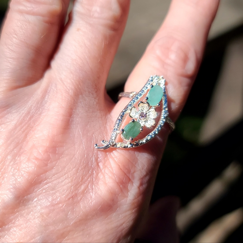 "2 Peas in a Pod" Emerald & Pink Topaz sterling ring sz8 - Picture 4 of 7